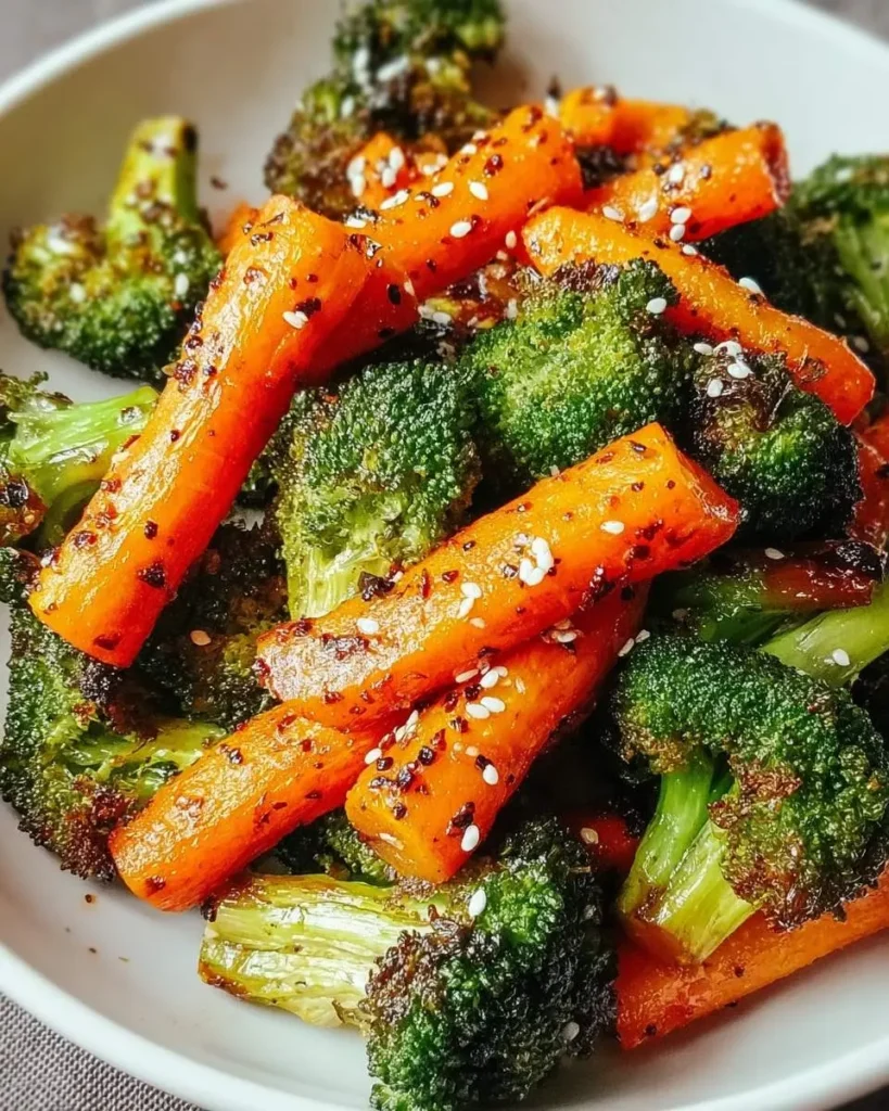 A close-up of a white bowl filled with perfectly roasted broccoli and carrots, garnished with sesame seeds and red spices.