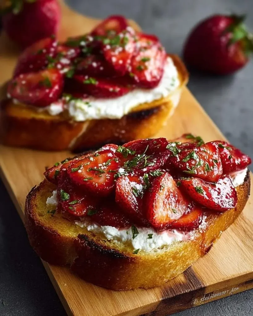 Two pieces of Roasted Strawberry Whipped Ricotta Toast topped with fresh herbs and powdered sugar on a wooden board.