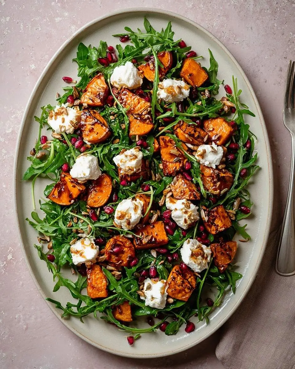 An overhead shot of a vibrant Roasted Sweet Potato Goat Cheese Salad with arugula, pomegranate seeds, and sunflower seeds on an oval plate.