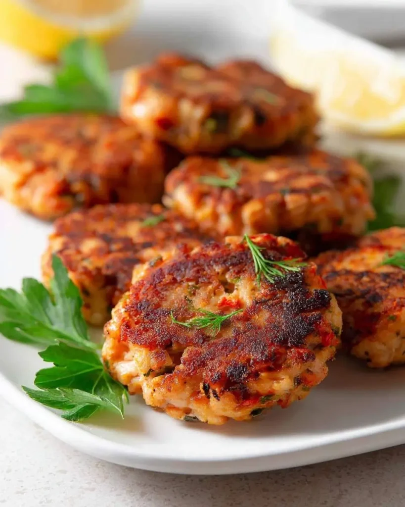 Close-up of several golden-brown salmon patties garnished with fresh dill and parsley on a white plate, ready to be served.