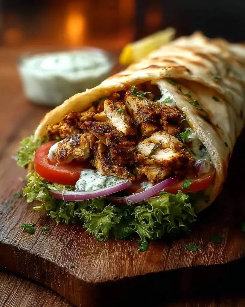 A close-up of a delicious Shawarma Chicken Sandwich, featuring grilled chicken, fresh vegetables, and a creamy sauce wrapped in pita bread.
