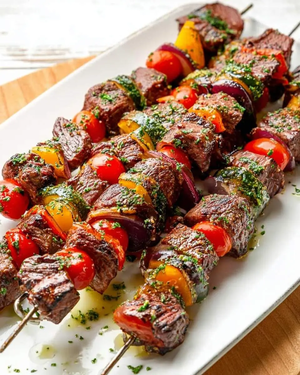 Close-up of three grilled Skirt Steak Kabobs with colorful bell peppers, red onions, and cherry tomatoes, garnished with fresh herbs on a white platter.