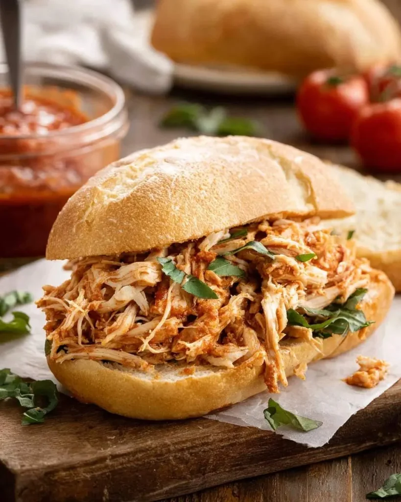 A delicious Slow Cooker Shredded Chicken Sandwich with savory tomato sauce and fresh basil on a rustic wooden board.