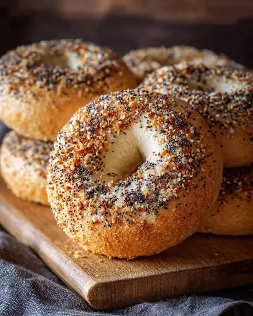 Close-up of freshly baked sourdough discard bagels with everything seasoning resting on a wooden cutting board.
