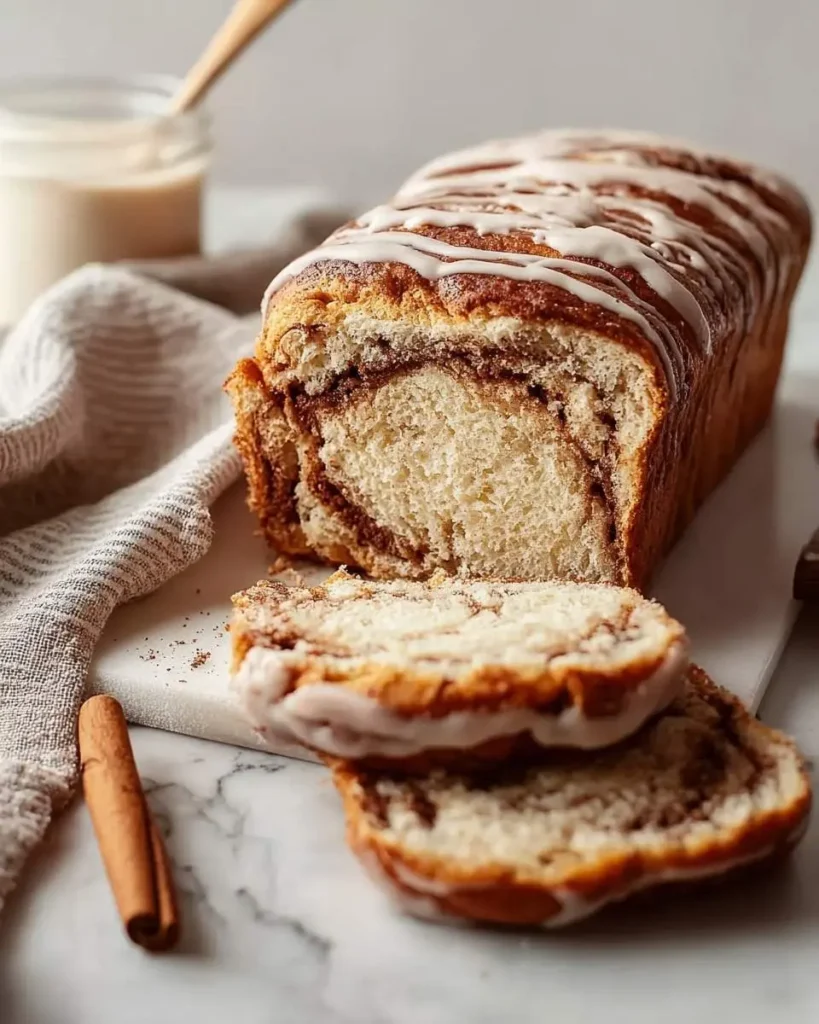A delicious loaf of Sourdough Discard Cinnamon Bread, sliced to show the swirl, topped with white icing, on a marble surface.