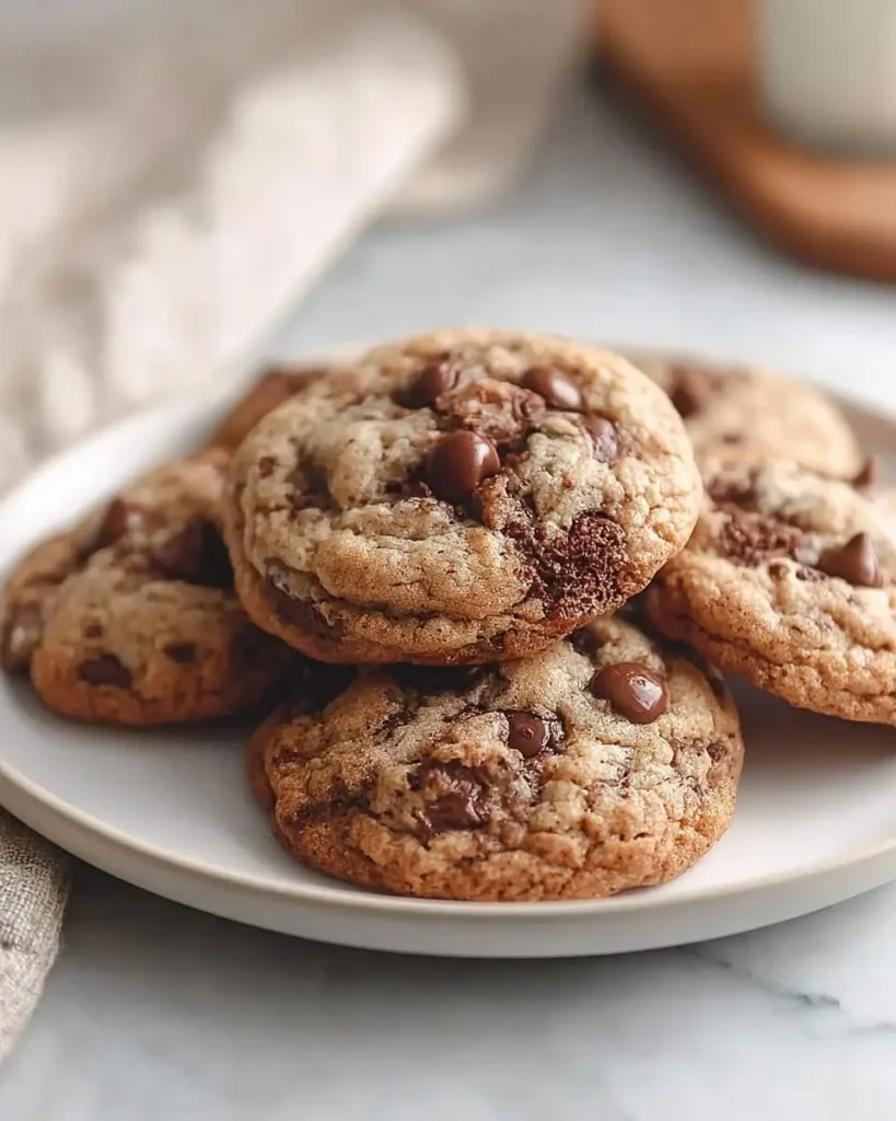 A close-up shot of a plate brimming with golden brown sourdough discard cookies, generously studded with melted chocolate chips.