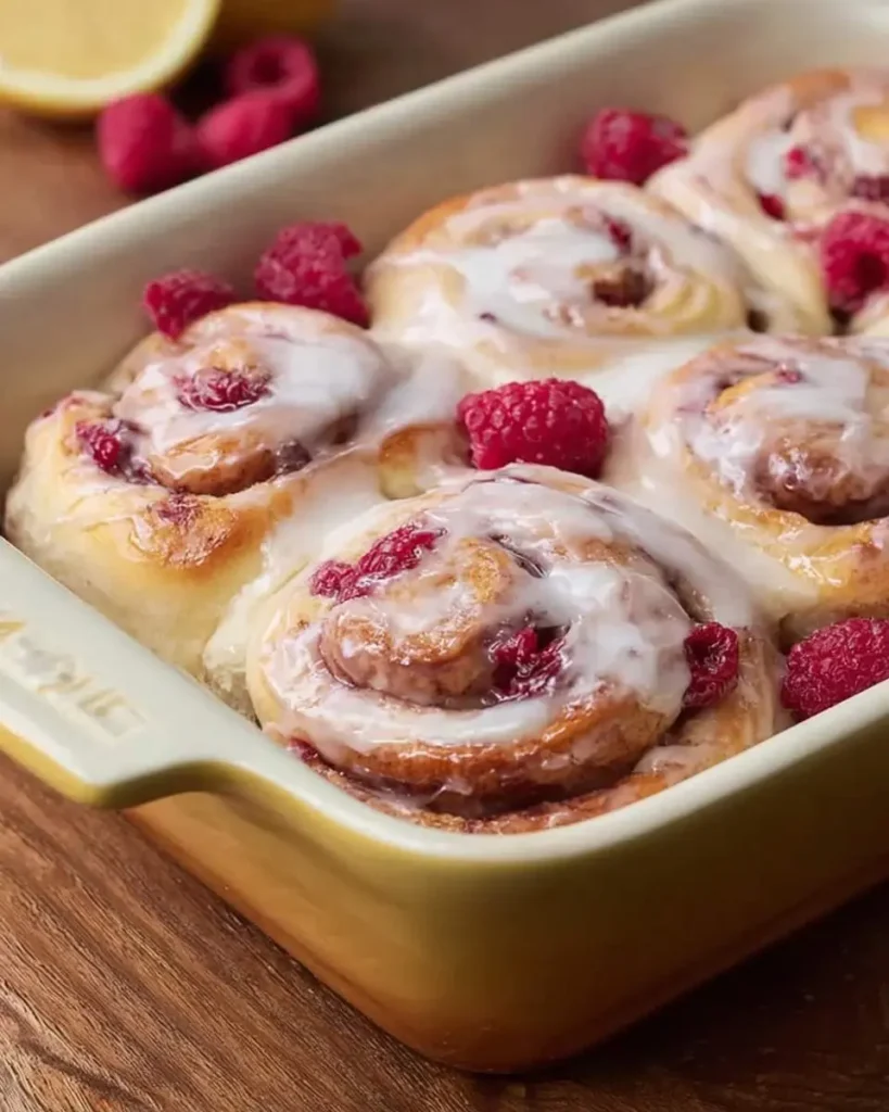 A baking dish holds several Sourdough Raspberry Lemon Rolls topped with sweet white glaze and fresh raspberries, with a lemon in the back.