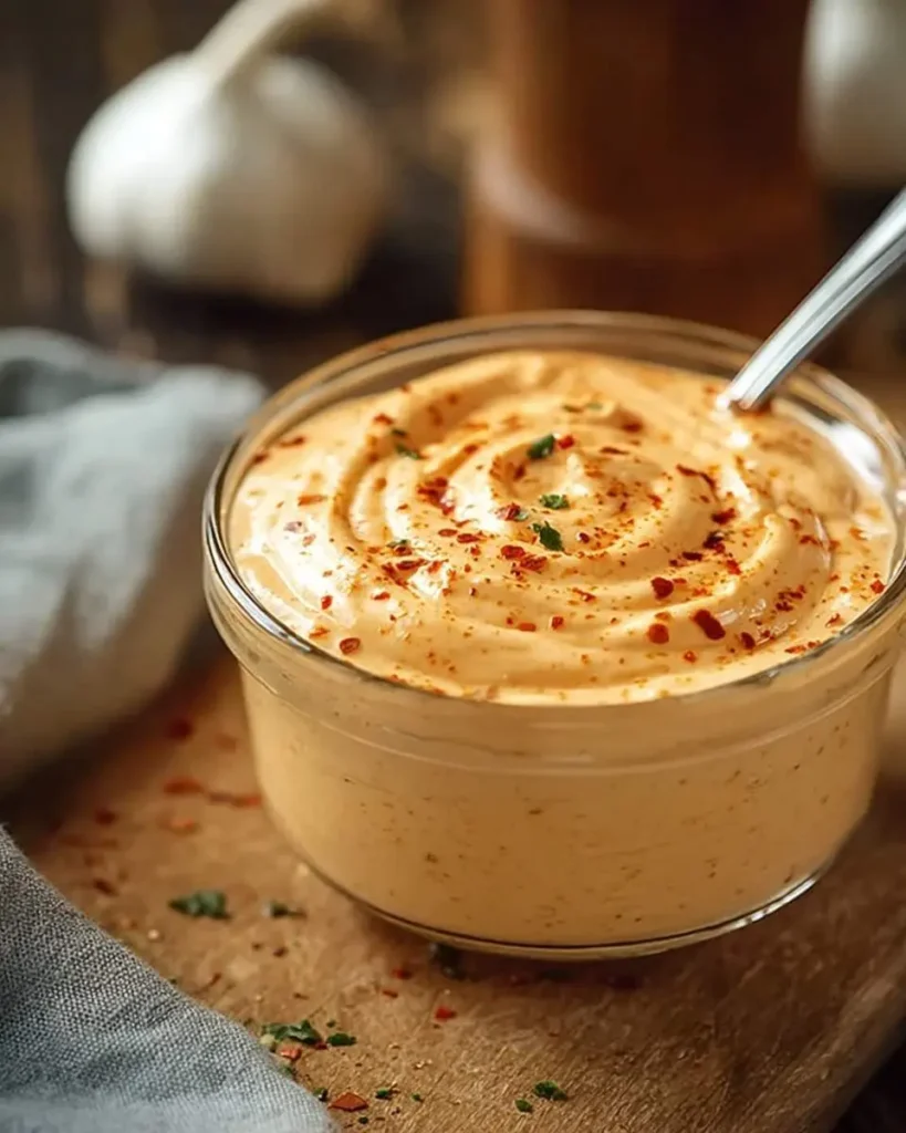 A clear glass bowl of creamy Sriracha Mayo Sauce, swirled and garnished with red chili flakes and green herbs, with garlic in the blurred background.