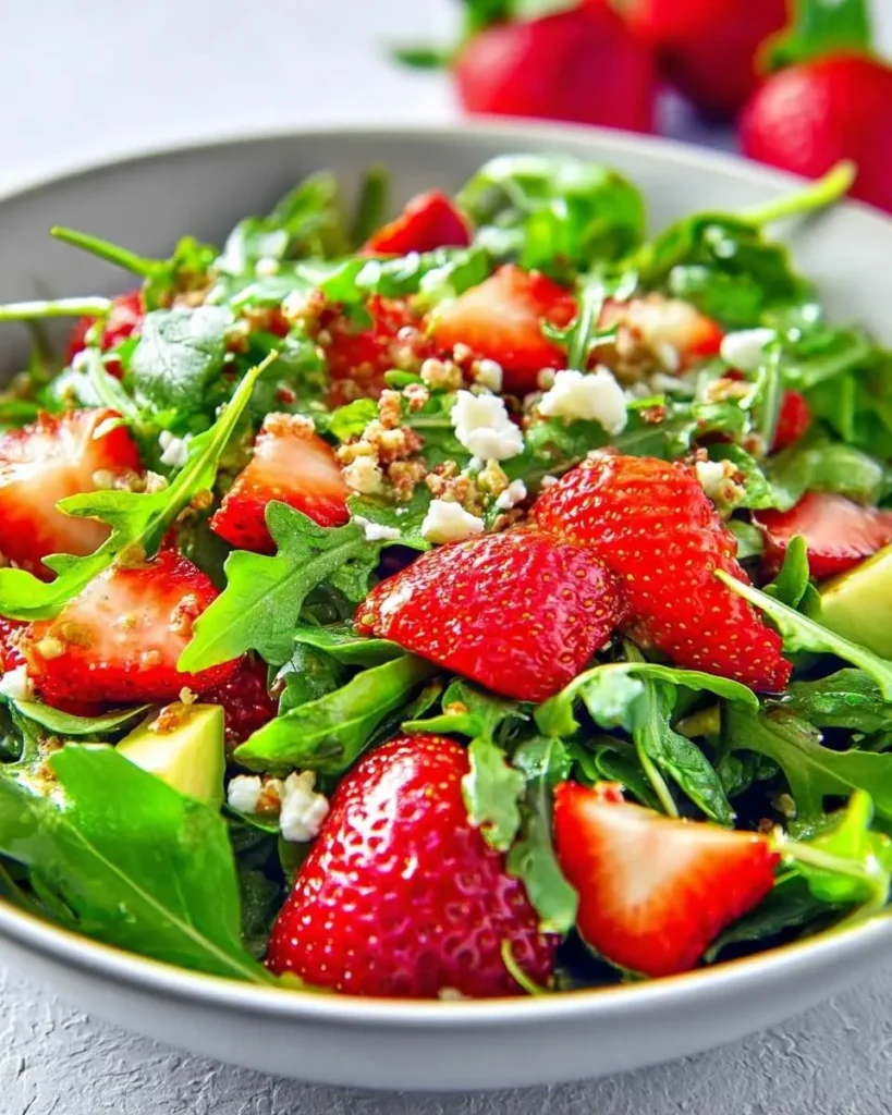 A close-up shot of a refreshing Strawberry Arugula Salad with crumbled feta cheese and quinoa in a white bowl.