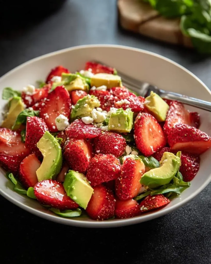 A vibrant Strawberry Avocado Salad with fresh greens, creamy avocado, and crumbled feta cheese in a white bowl with a fork.