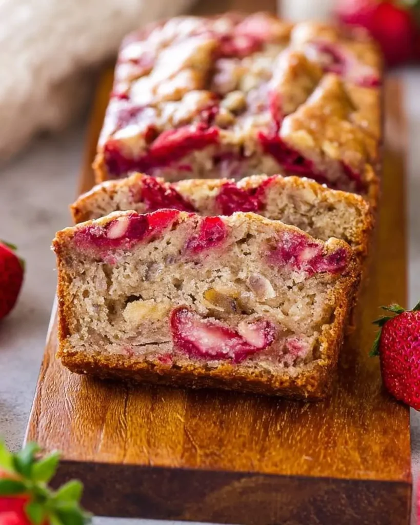Close-up of a freshly baked strawberry banana bread loaf, sliced to reveal vibrant strawberries and bananas, on a wooden board.