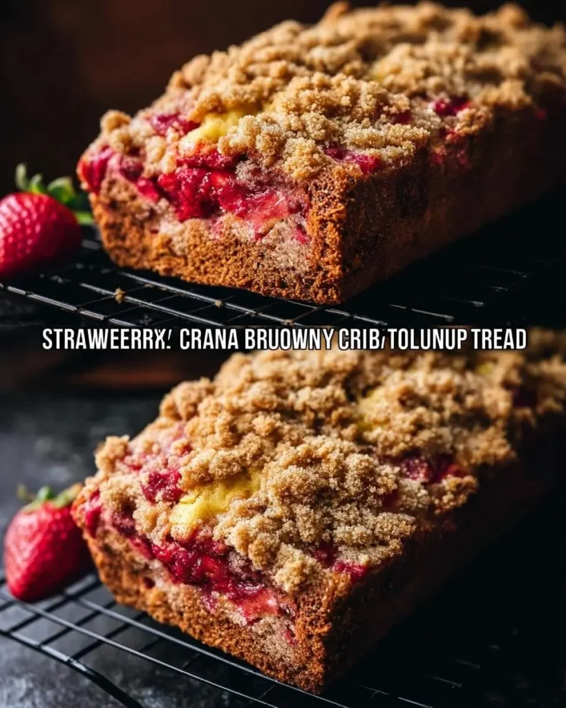 A close-up shot of two loaves of delicious Strawberry Banana Bread with Crumb Topping on a cooling rack, with fresh strawberries nearby.