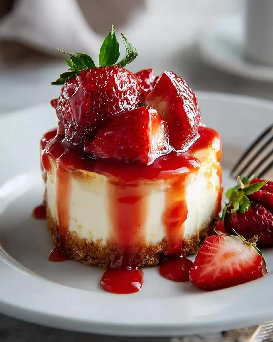 A delightful mini Strawberry Cheesecake with Homemade Sauce, topped with fresh berries and a vibrant red drizzle on a white plate.