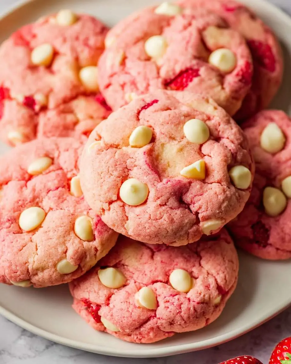 strawberry cookies 4 A close-up shot of several delicious pink strawberry cookies studded with creamy white chocolate chips on a white plate.