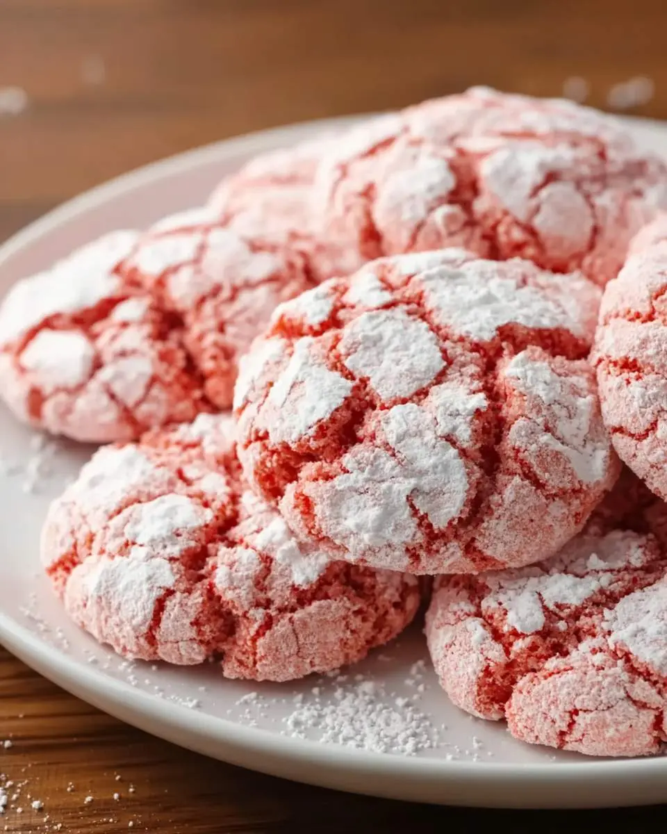 A close-up of vibrant pink Strawberry Crinkle Cookies dusted with powdered sugar, arranged on a white plate.