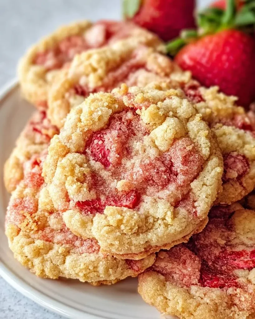 A close-up of delicious golden Strawberry Crunch Cookies piled on a plate, featuring visible red strawberry bits and a sugary coating.