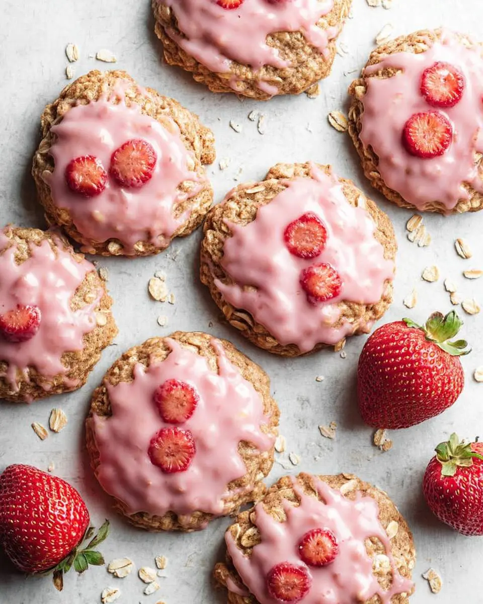 Strawberry Iced Oatmeal Cookies 1 Overhead shot of delicious Strawberry Iced Oatmeal Cookies arranged on a light surface with fresh strawberries and scattered oats.