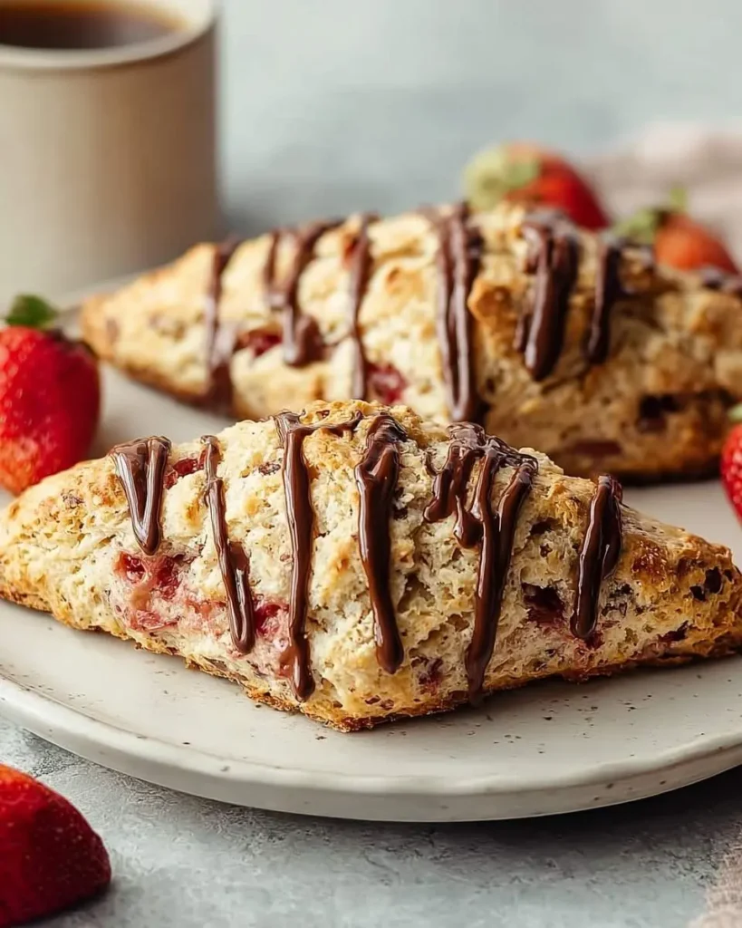 Two golden Strawberry Nutella Scones drizzled with chocolate on a plate, surrounded by fresh strawberries and a coffee mug.