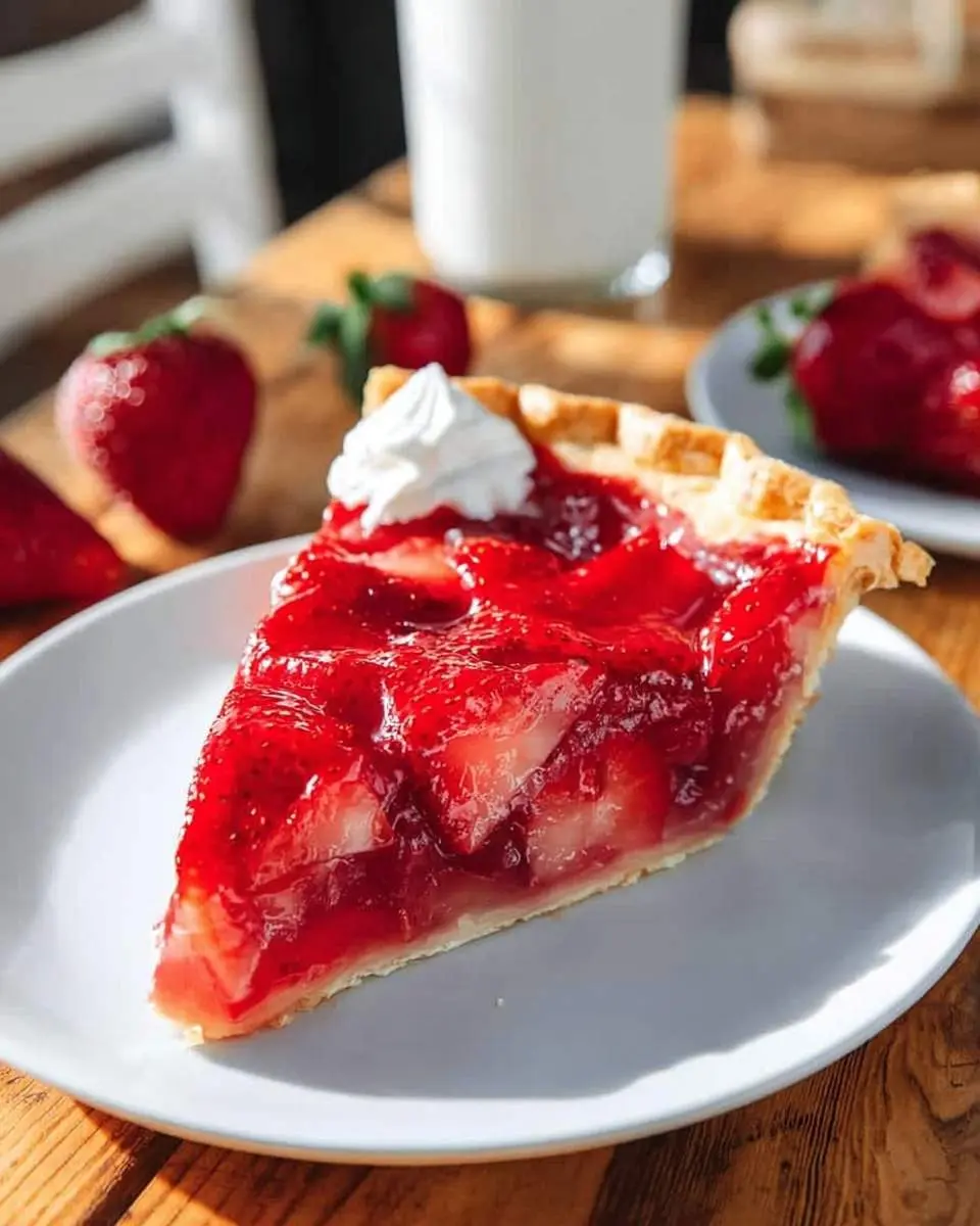 strawberry pie 4 A delicious slice of strawberry pie topped with whipped cream on a white plate, with fresh strawberries and milk in the background.