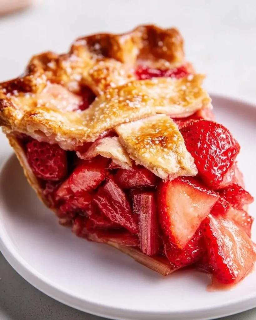 A mouthwatering slice of homemade Strawberry Rhubarb Pie with a golden lattice crust, dusted with powdered sugar, and a vibrant red fruit filling.