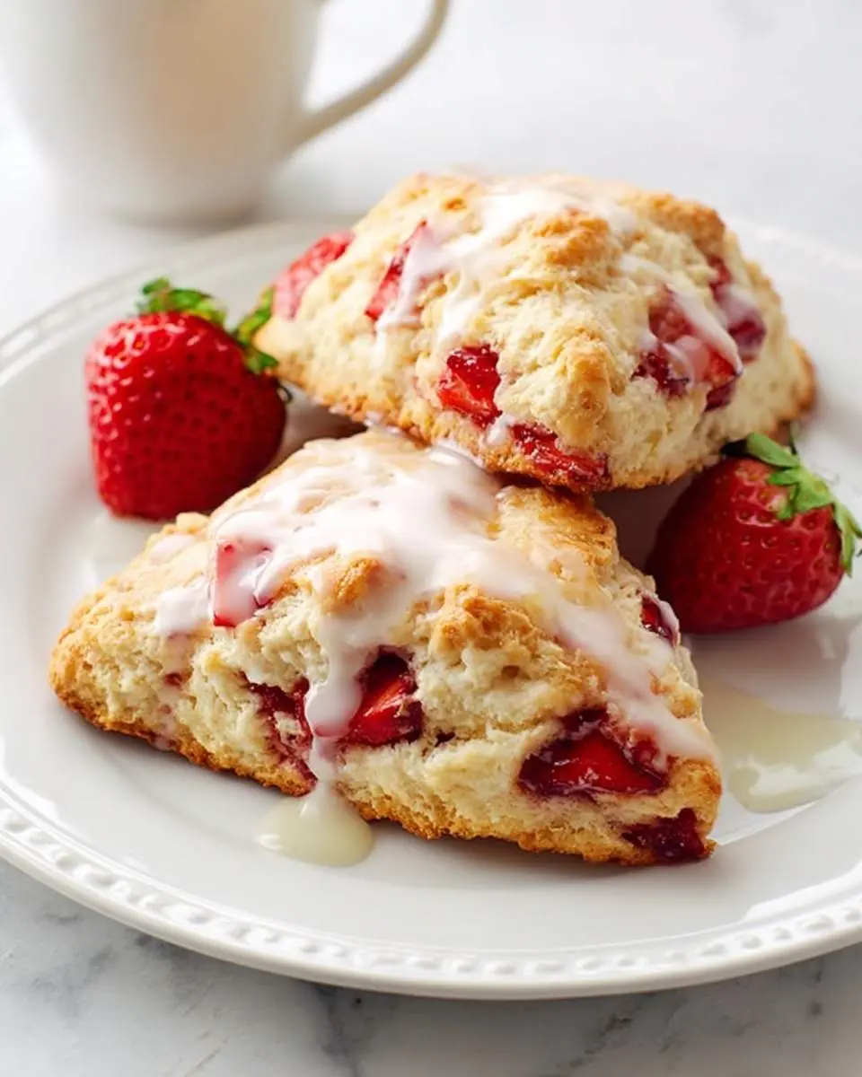 Delicious strawberry scones with a sweet glaze and fresh whole strawberries on a white plate.