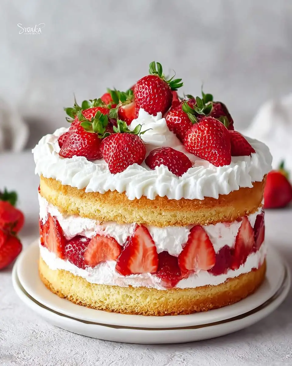 A delicious, fluffy Strawberry Shortcake Layer Cake with two tiers of golden sponge, whipped cream, and fresh strawberries, topped with whole berries.