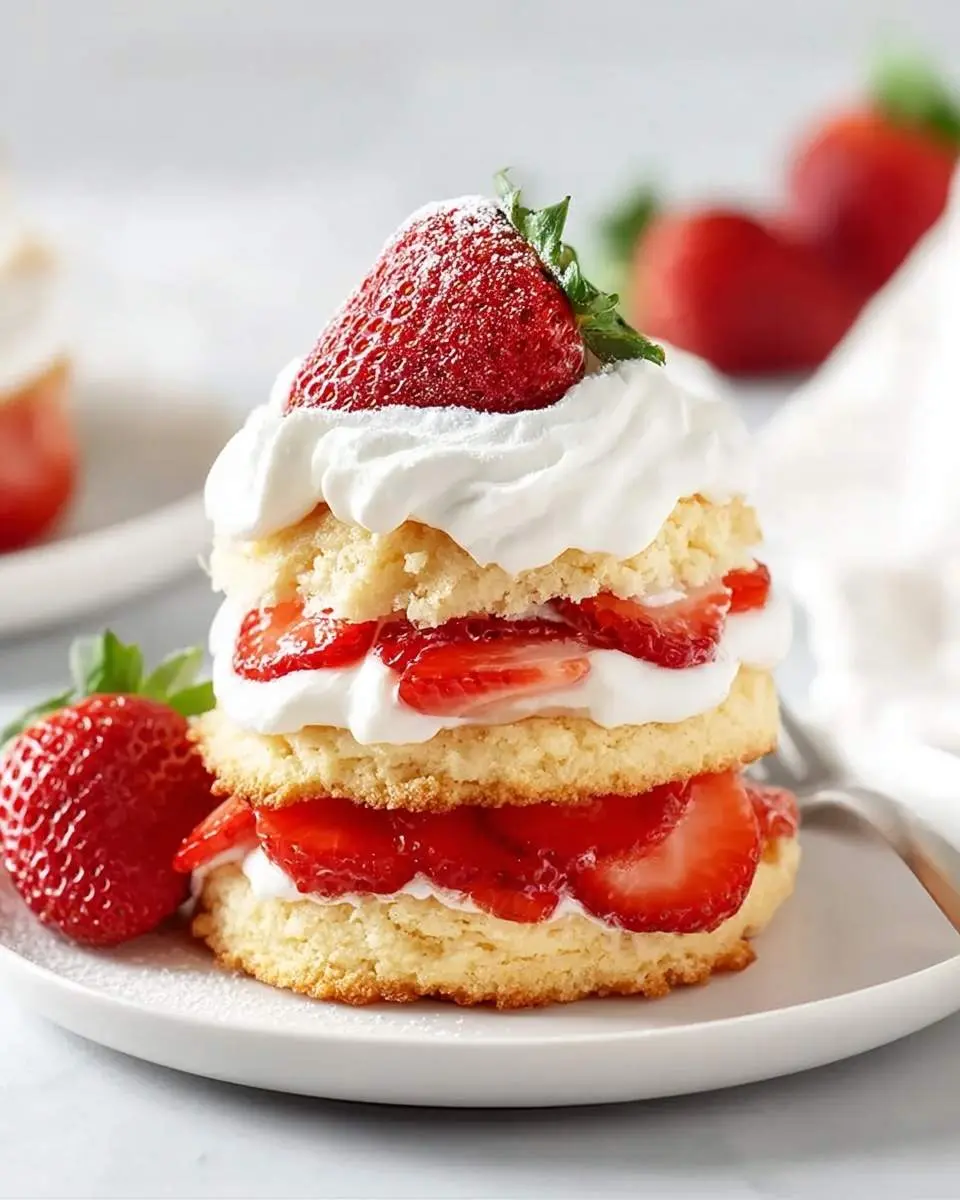 strawberry shortcake 4 A beautiful stacked strawberry shortcake with whipped cream, whole, and sliced fresh strawberries on a white plate.