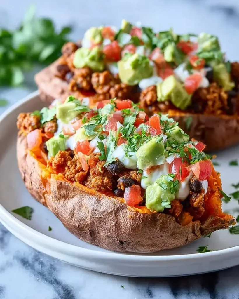 Delicious Taco Stuffed Sweet Potatoes filled with seasoned ground meat, black beans, sour cream, diced tomatoes, avocado, and cilantro.