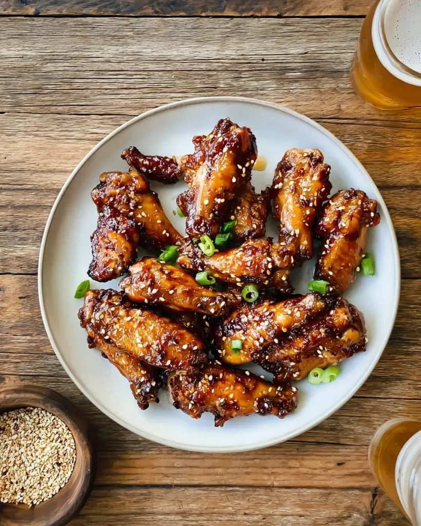 A white plate filled with glistening teriyaki chicken wings, garnished with sesame seeds and green onions, on a rustic wooden table.