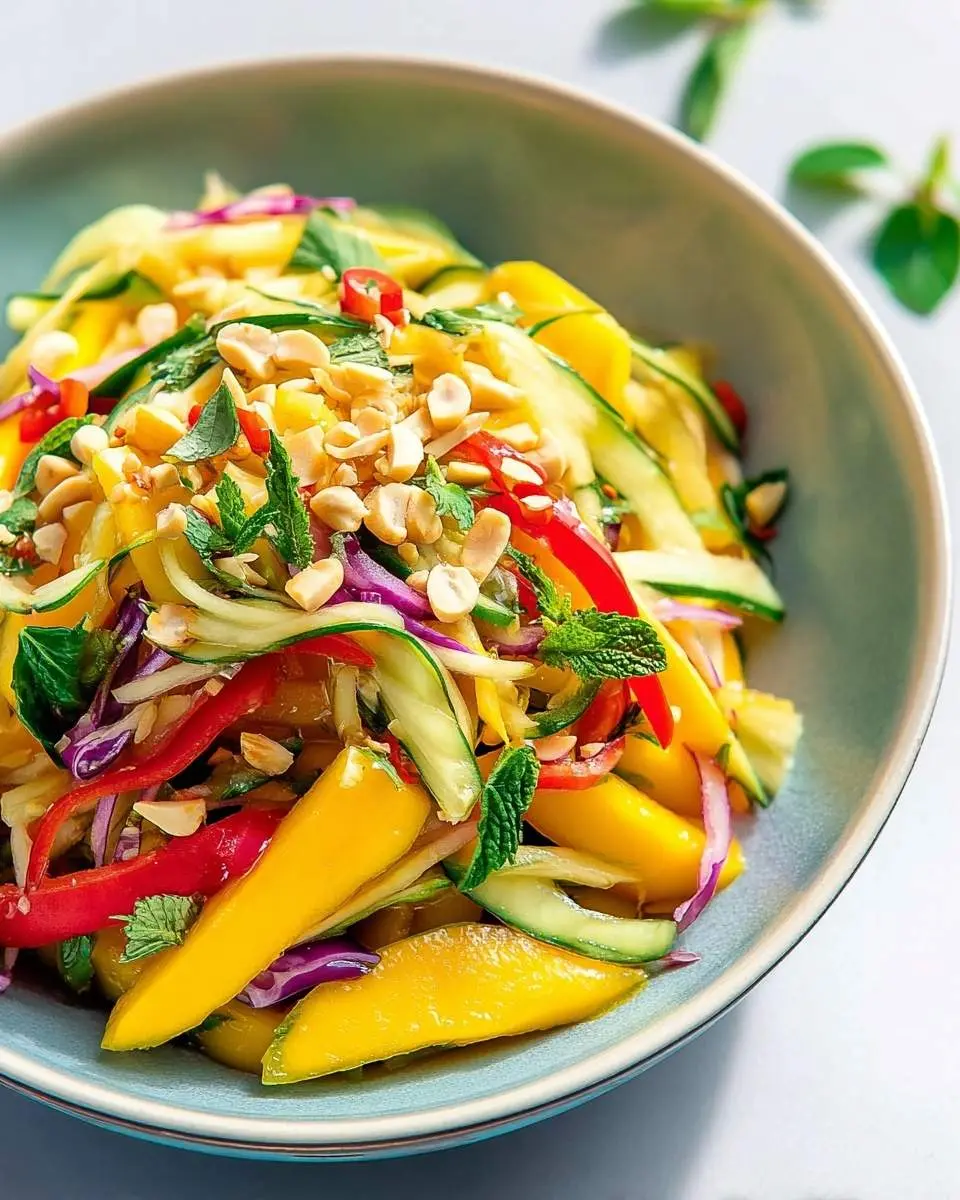 Thai Mango Salad with Crunch 4 A vibrant Thai Mango Salad with Crunch, featuring yellow mango, cucumber, red peppers, red onion, mint, and crushed peanuts in a light blue bowl.