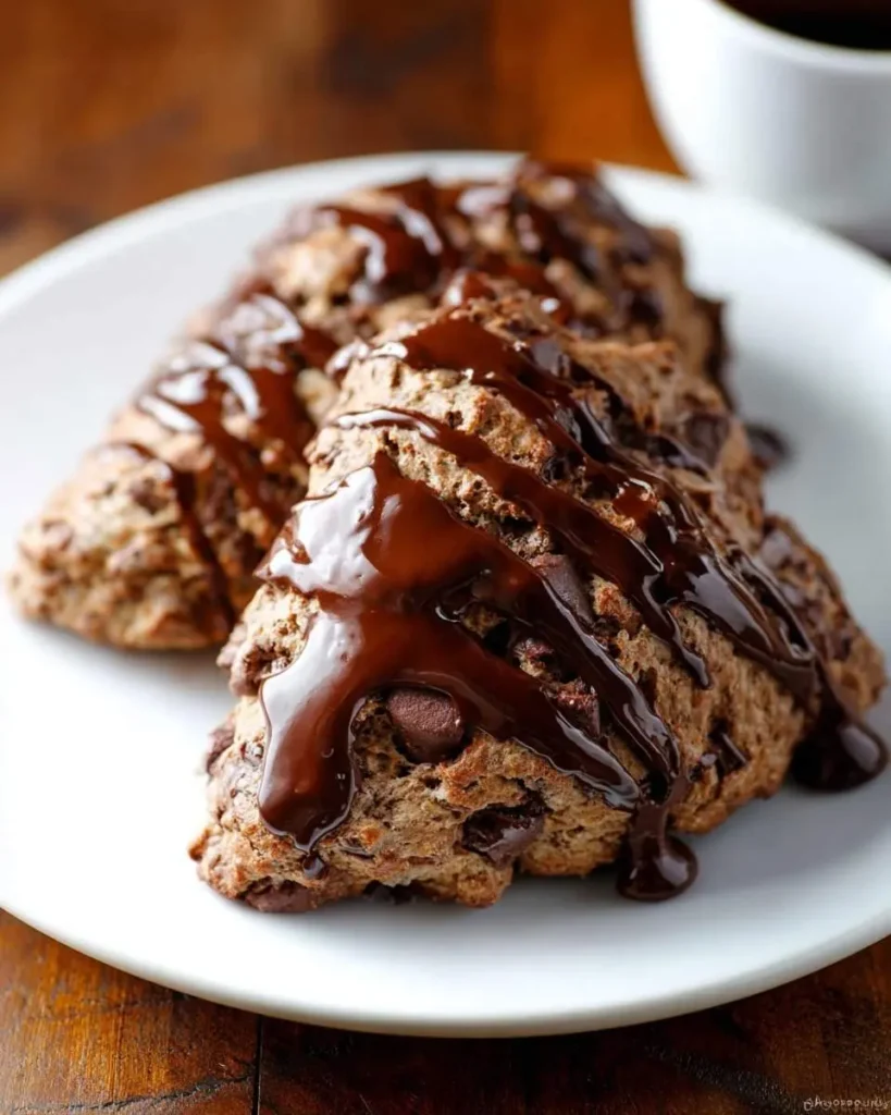 Two delicious Triple Chocolate Scones Supreme on a white plate, generously drizzled with rich melted chocolate sauce.