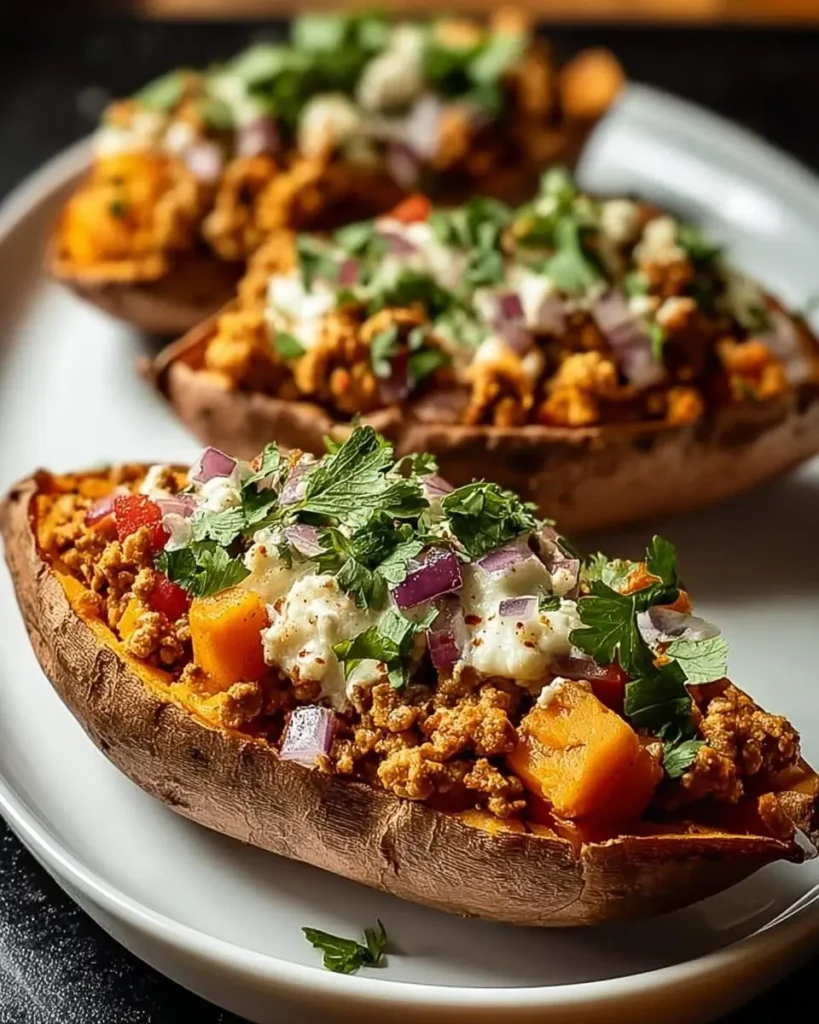 Three delicious Turkey Stuffed Sweet Potatoes topped with ground meat, red onion, a creamy sauce, and fresh herbs on a white plate.