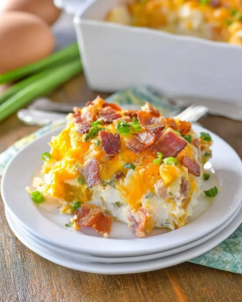 A generous serving of golden-brown twice baked potato casserole topped with melted cheddar cheese, crispy bacon, and green onions on white plates.