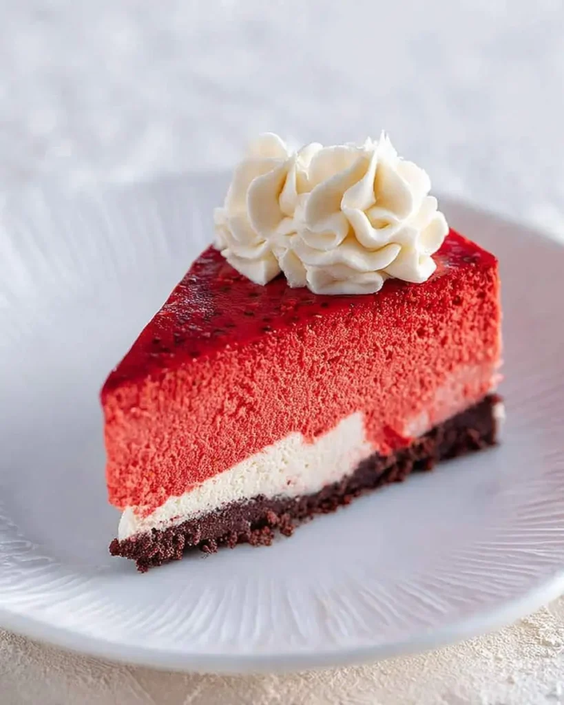 A slice of layered Velvet Strawberry Cheesecake with a red top, white creamy middle, dark crust, and a dollop of white cream.