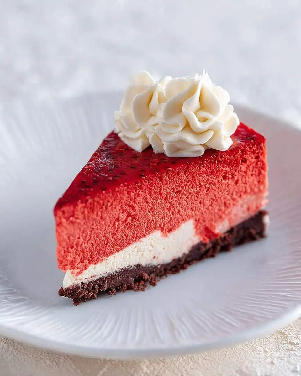 Velvet Strawberry Cheesecake 4 A slice of layered Velvet Strawberry Cheesecake with a red top, white creamy middle, dark crust, and a dollop of white cream.