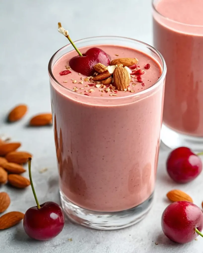 A vibrant almond cherry smoothie, garnished with whole almonds, a heart-shaped cherry, and granola bits, sits on a light surface.