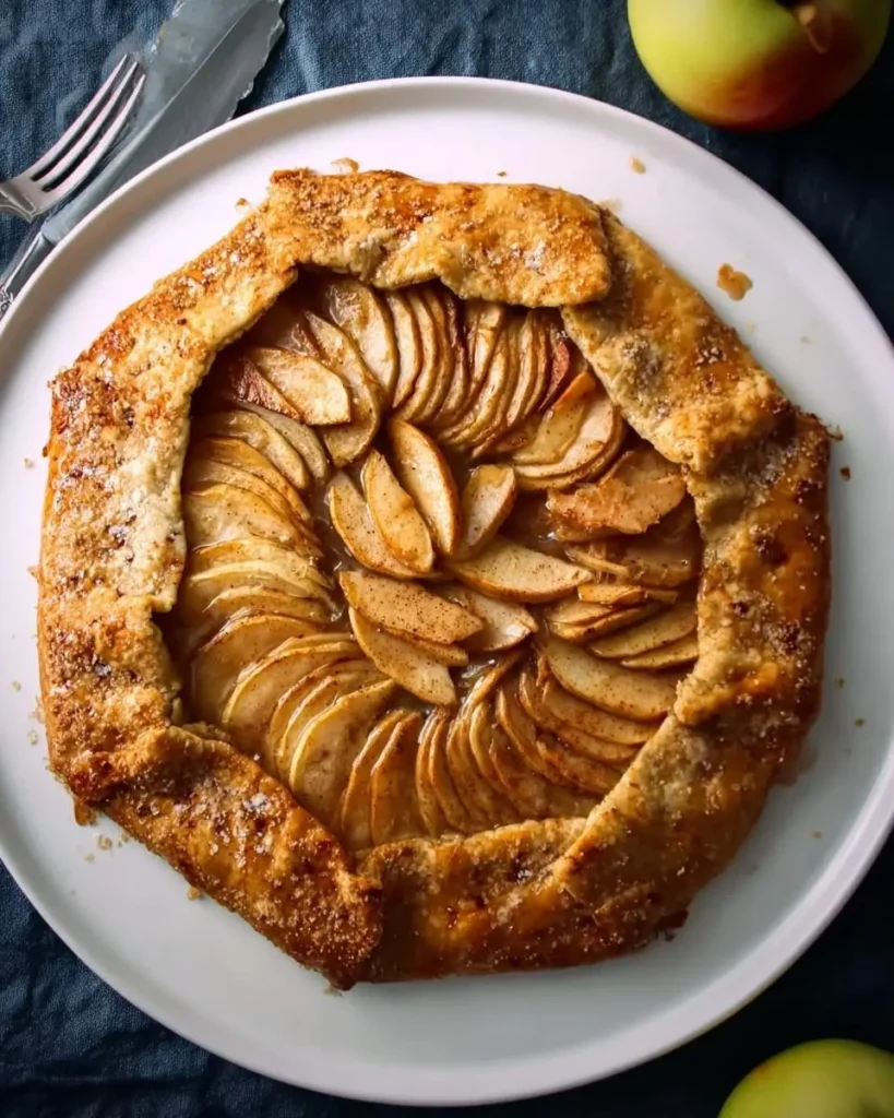An overhead shot of a rustic apple galette recipe on a white plate, showcasing thinly sliced apples and a golden crust.