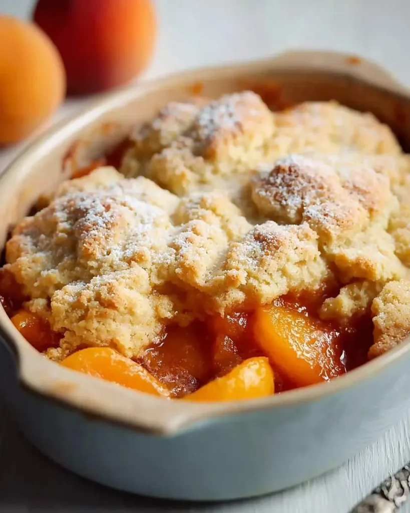 A close-up of a warm, golden-baked Apricot Cobbler in a light blue baking dish, generously dusted with powdered sugar.