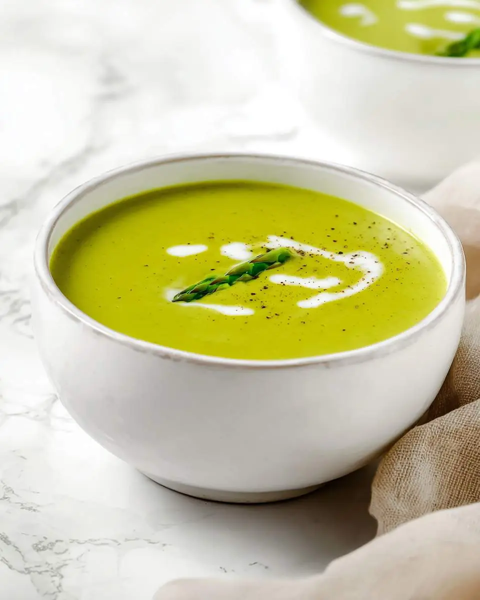 asparagus soup 4 Creamy vibrant green asparagus soup in a white bowl, garnished with an asparagus spear, cream swirls, and black pepper.