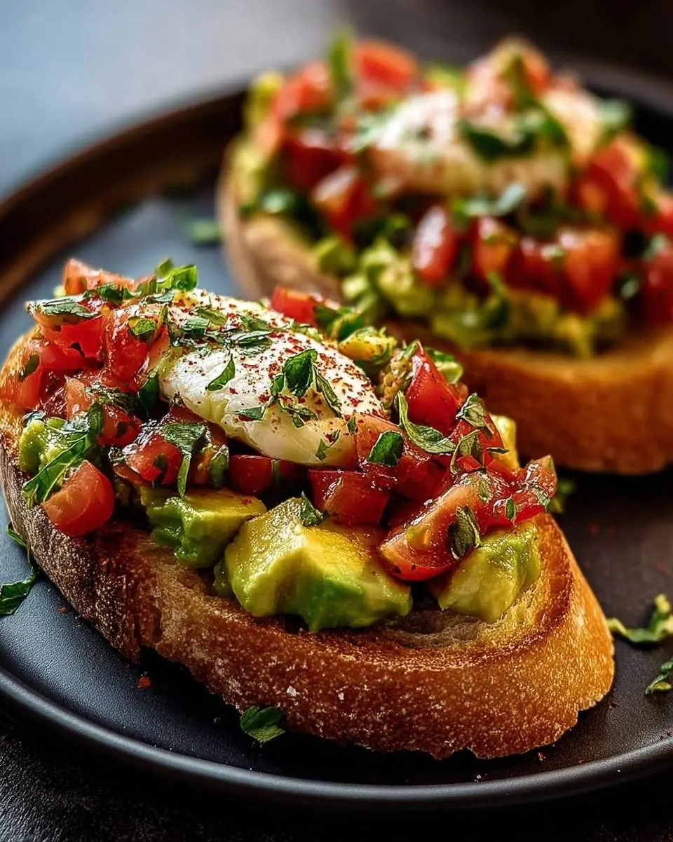 Avocado Bruschetta 4 Two plates of delicious Avocado Bruschetta, topped with diced tomatoes, fresh herbs, and a poached egg on toasted bread.