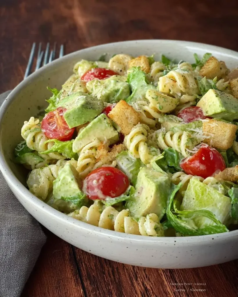 A bowl of fresh Avocado Caesar Pasta Salad with creamy avocado, spiral pasta, cherry tomatoes, crisp lettuce, and croutons.