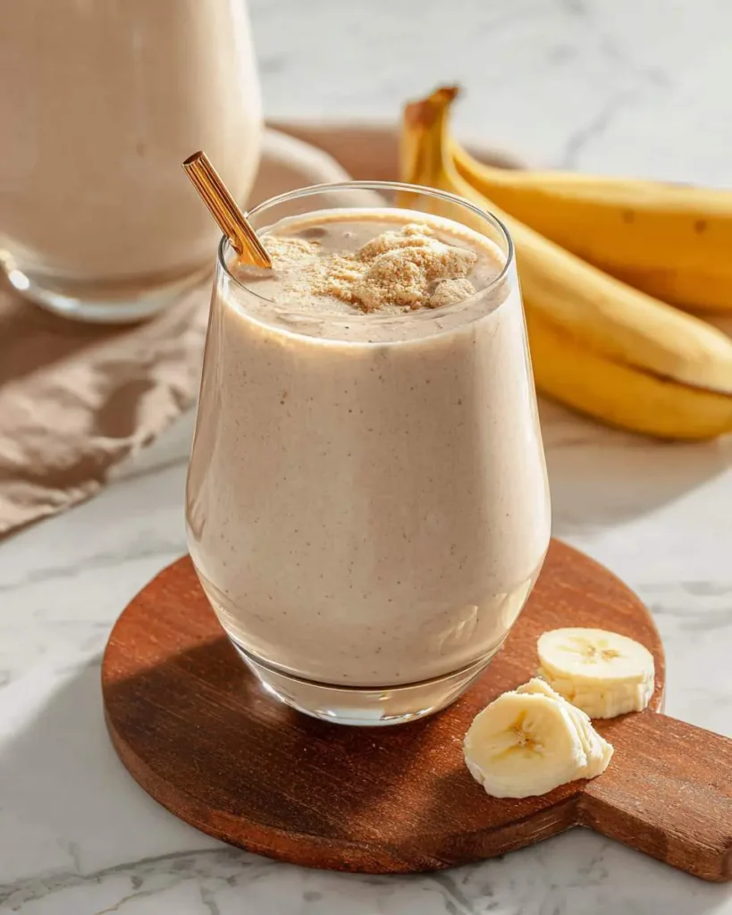 A creamy Banana Boat Smoothie in a clear glass with a golden straw, topped with powder, next to banana slices on a wooden board.