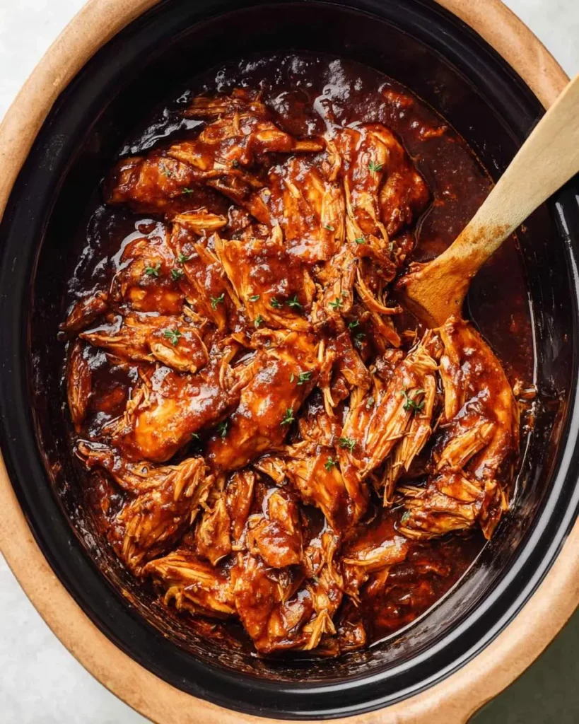 Close-up of delicious shredded bbq chicken crockpot, slow-cooked in a rich, savory sauce, garnished with herbs, with a wooden spoon.