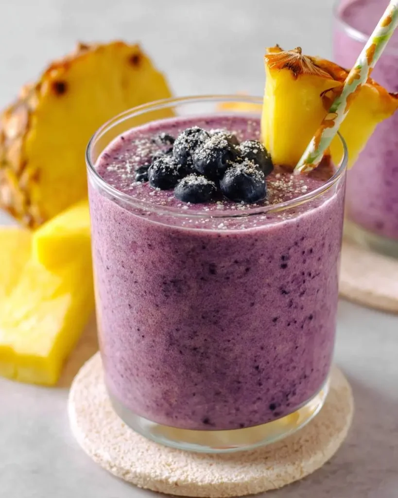 A vibrant purple Blueberry Pineapple Smoothie in a glass, garnished with fresh blueberries, a sprinkle, and pineapple wedges with a straw.