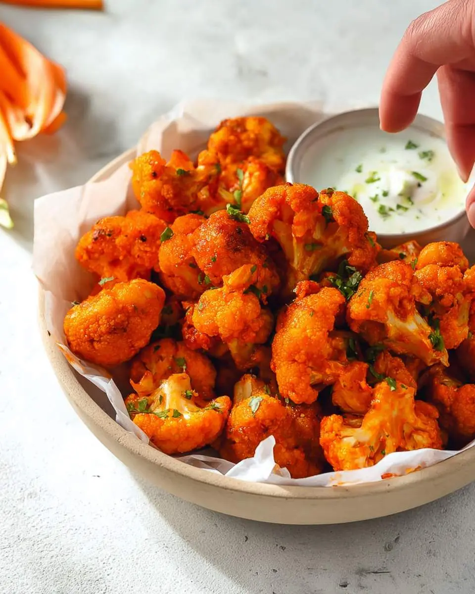 A large bowl filled with crispy, bright orange Buffalo Cauliflower Bites, garnished with fresh herbs, served with a side of white dipping sauce.