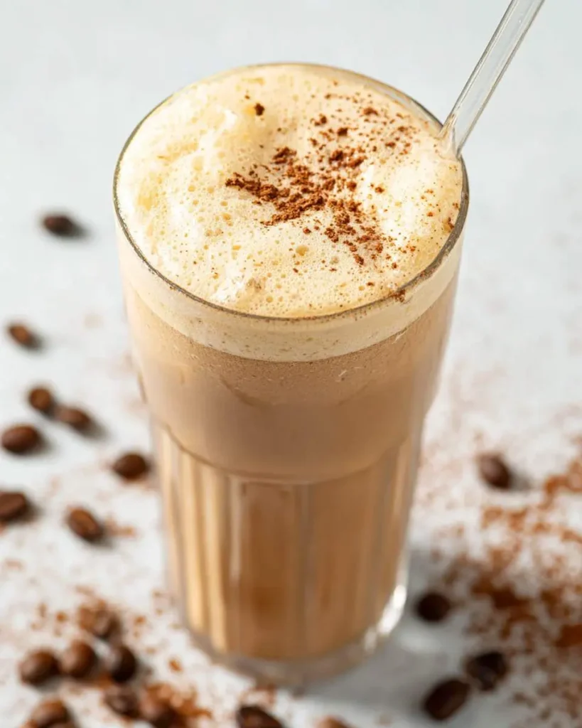 A refreshing Bulletproof Coffee Smoothie in a tall glass, topped with foamy cream and cocoa powder, surrounded by coffee beans.
