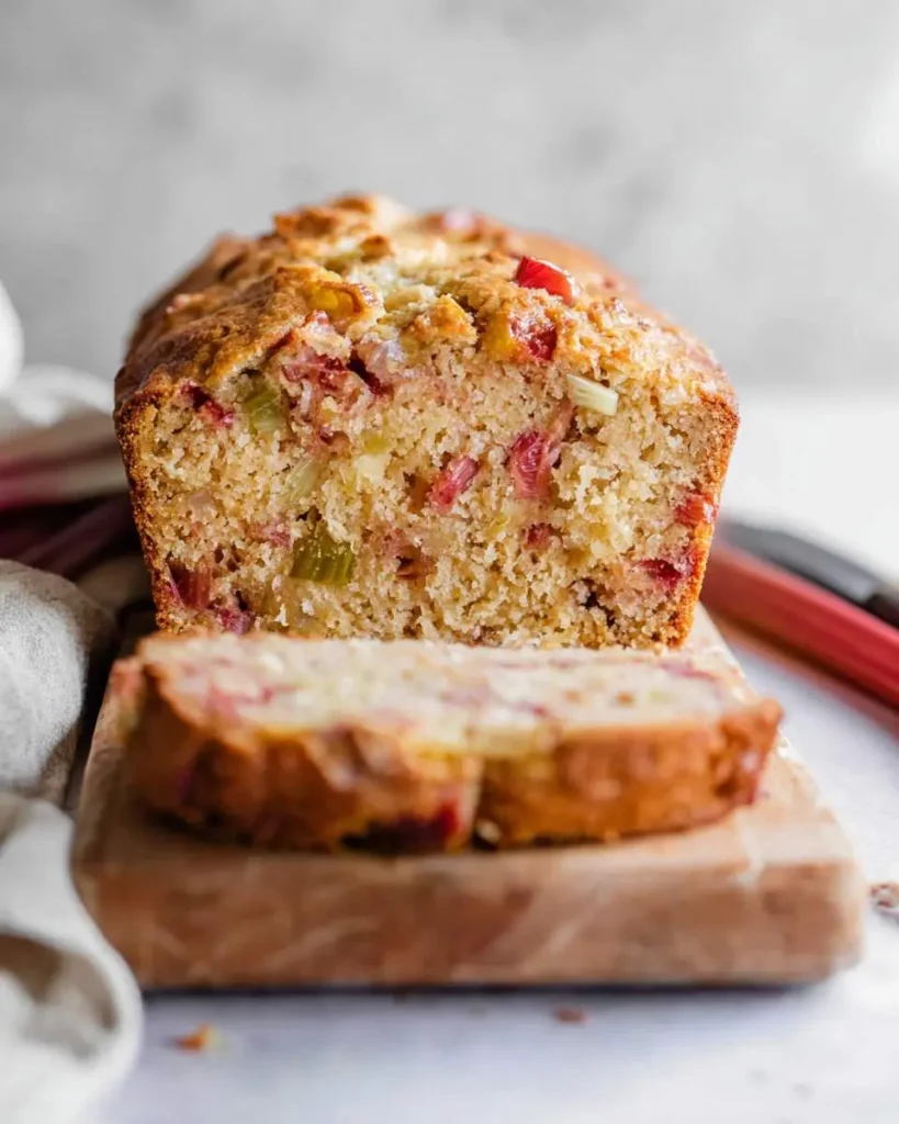 A freshly baked loaf of moist Buttermilk Rhubarb Bread on a wooden board, with one slice cut to reveal the vibrant rhubarb pieces.