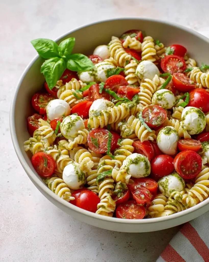 A vibrant bowl of Caprese Pasta Salad featuring fusilli, cherry tomatoes, fresh mozzarella balls, and pesto, garnished with basil.