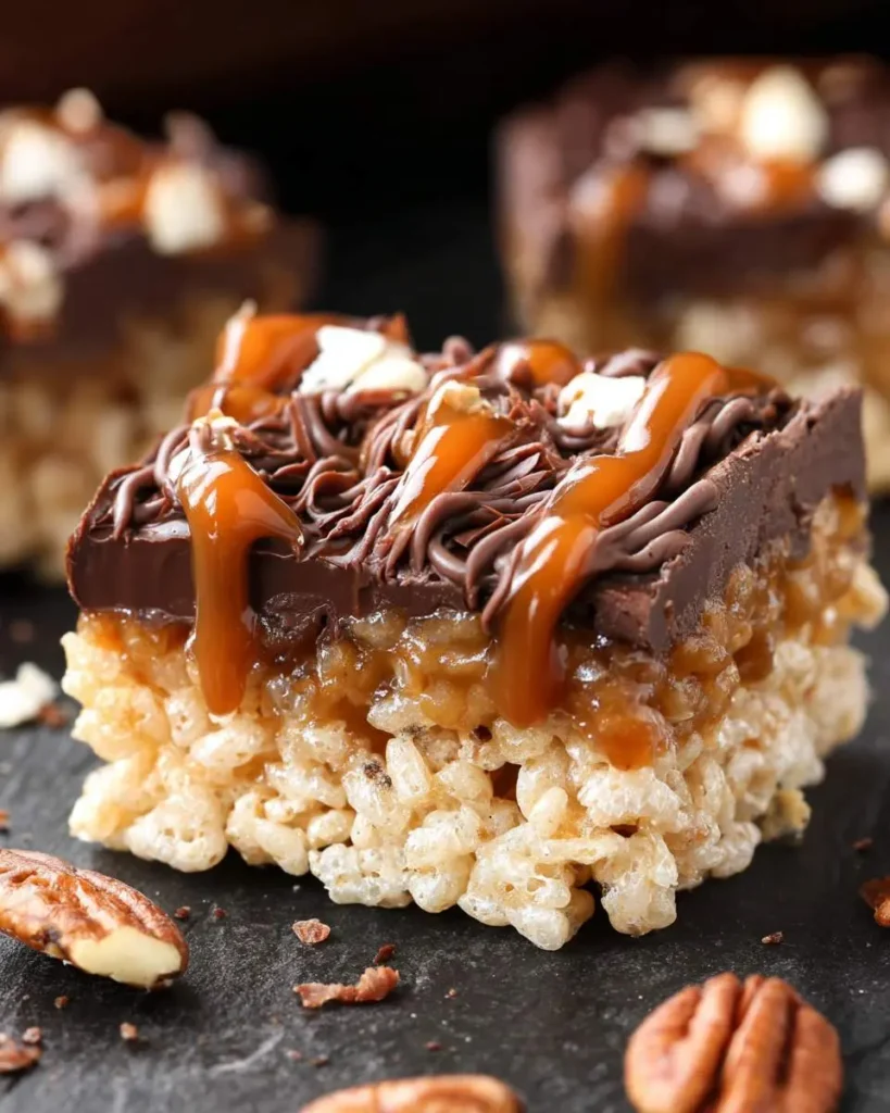 A close-up of a delicious Caramel Turtle Rice Krispie Treat topped with chocolate, caramel drizzle, and pecans.
