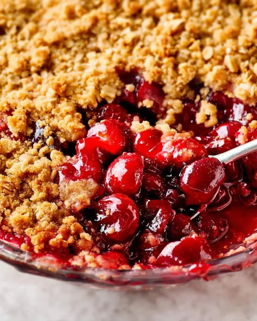 A close-up shot of a delicious, bubbly Cherry Crisp with a golden, crumbly oat topping, and a spoon lifting some sweet red cherries.